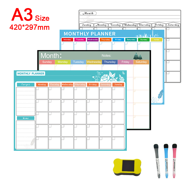 Magnetic Whiteboard Calendar - A3 Dry Erase Magnetic Monthly Weekly