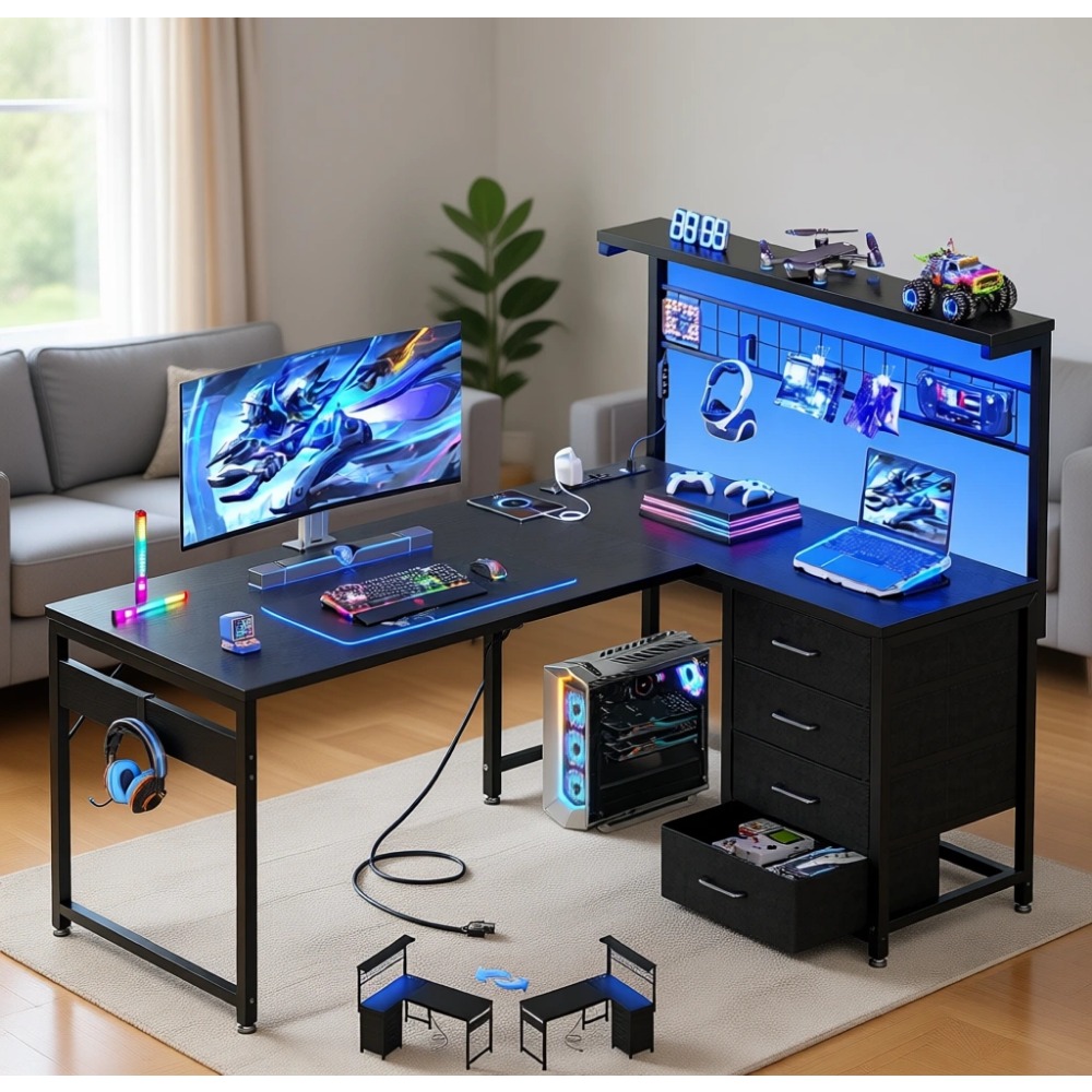 Gaming Desk With Hutch - L Shaped Gaming Desk with Shelf,