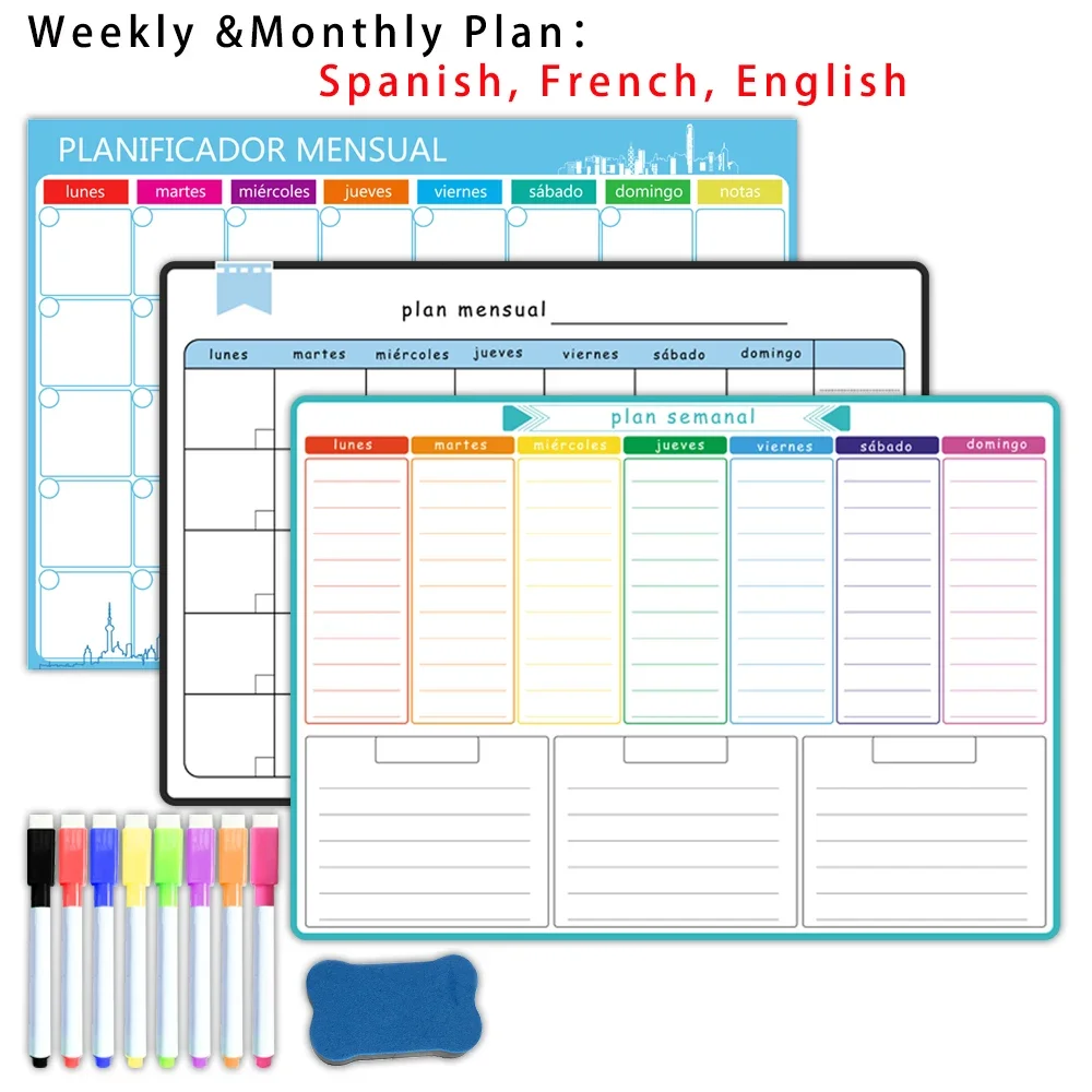 Magnetic Whiteboard Calendar - A3 Size Magnetic Weekly &monthly Planner：Spanish,