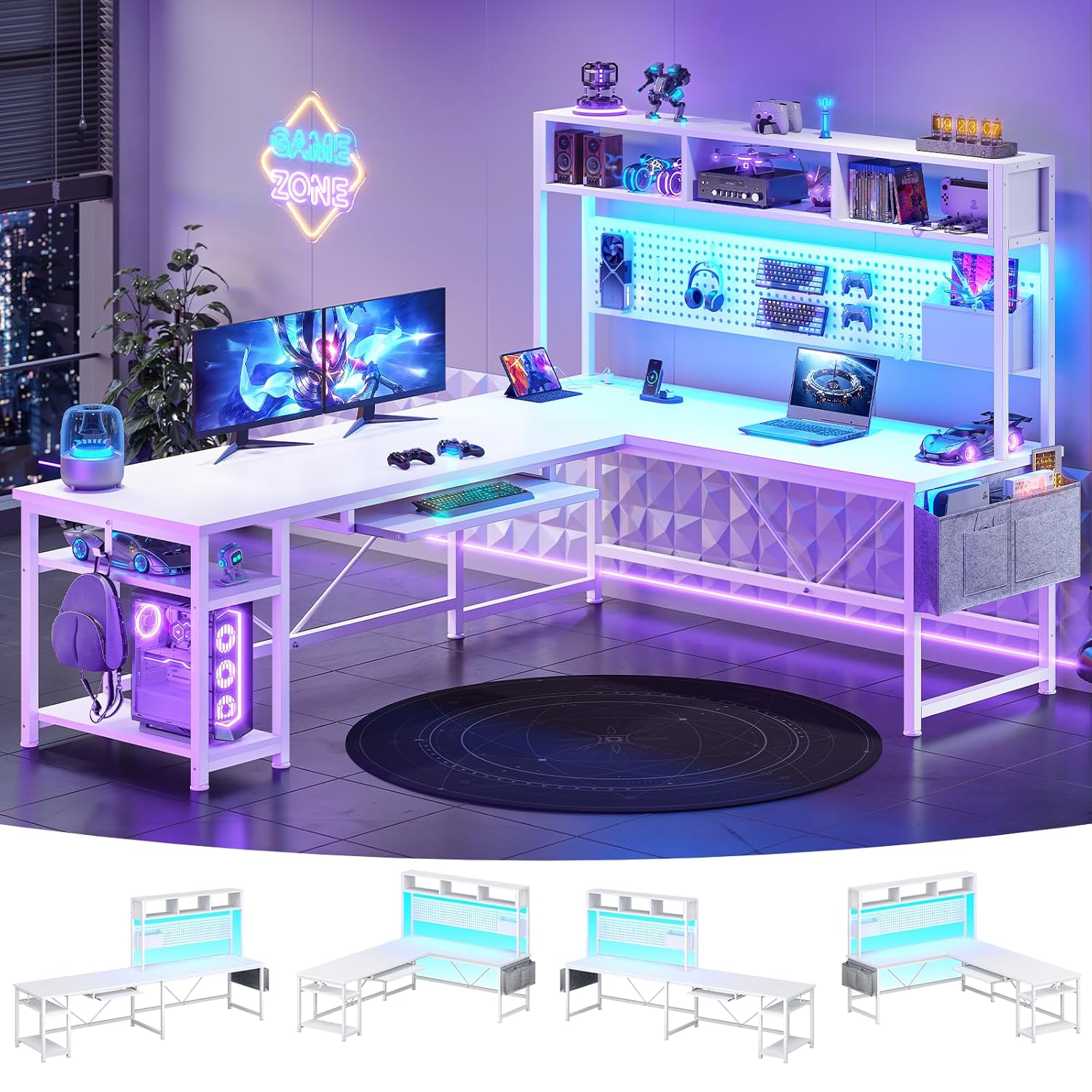 Gaming Desk With Hutch - White L Shaped Gaming Desk, Reversible