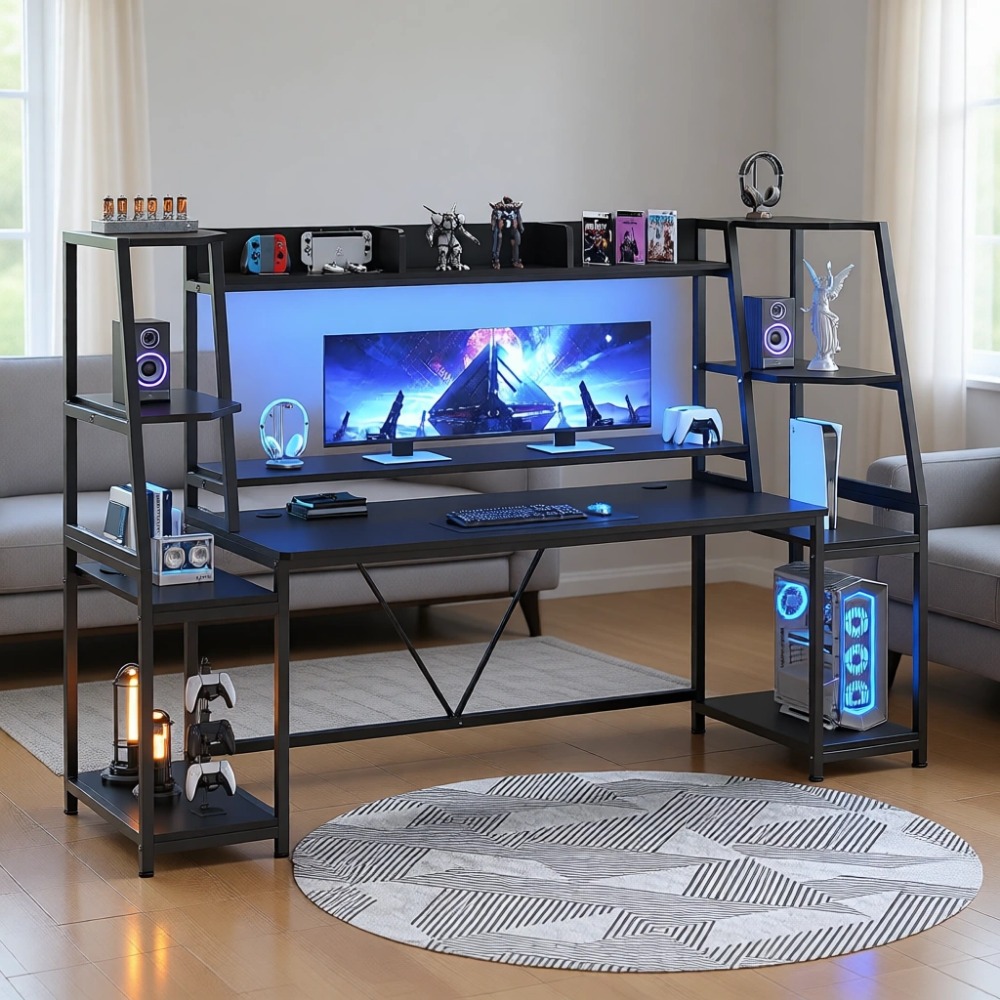 Gaming Desk With Hutch - Gaming Desk 79'' with LED Lights,