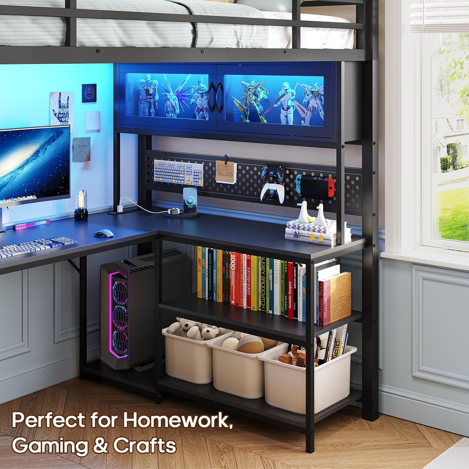Twin Loft Bed with L-Shaped Ga - Gaming Desk With Hutch ulasan dan harga