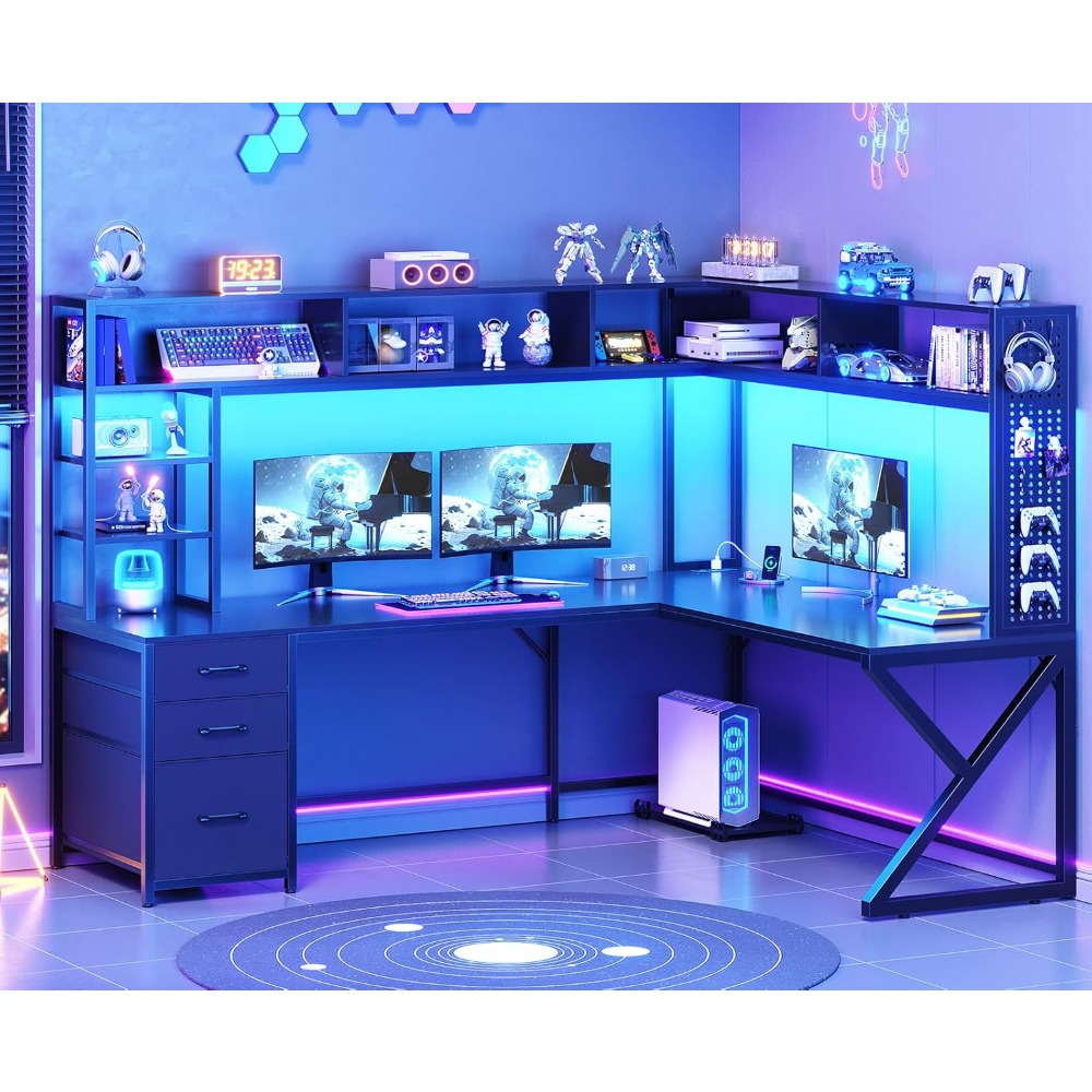 L Shaped Gaming Desk with Stor - Gaming Desk With Hutch ulasan dan harga