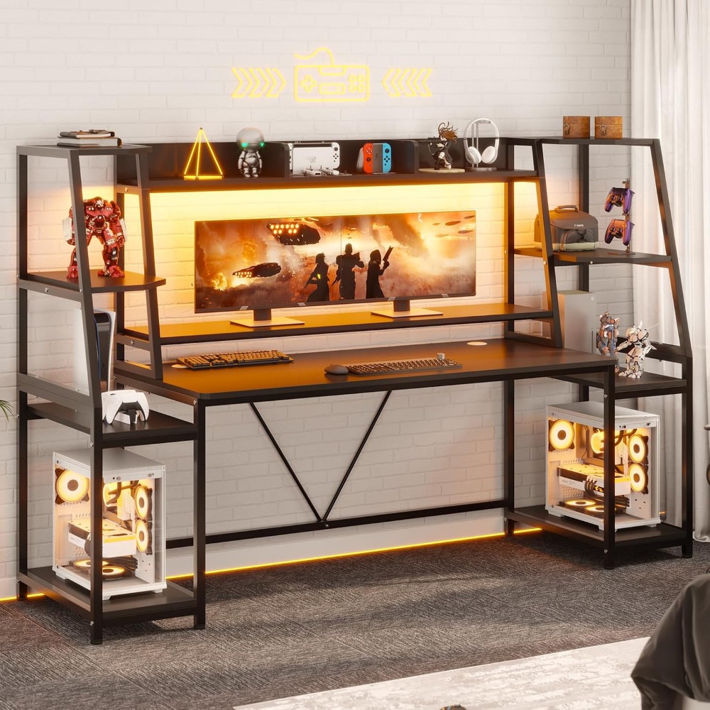 Gaming Desk 79'' with LED Ligh - Gaming Desk With Hutch ulasan dan harga