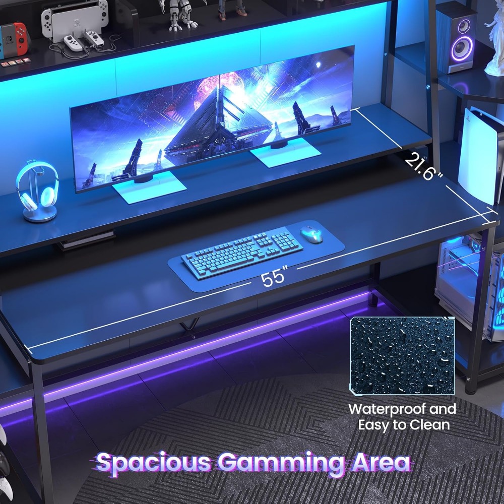 Gaming Desk 79'' with LED Ligh - Gaming Desk With Hutch ulasan dan harga